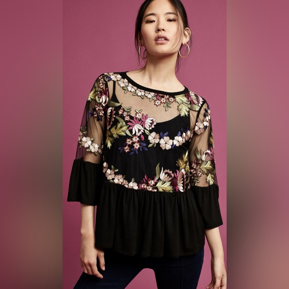 Anthropologie Eri + Ali ORNATE EMBROIDERY Sm 4 / 6 Black Multicolor Floral